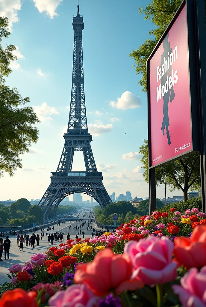 Eiffel Tower in the center of Paris, an ad on the right side that says "Fashion Models" Surrounded by colorful flowers.