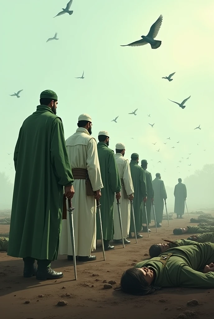 7 Islamic soldiers practice namaz in queue in line. Wear white and green dress. And these face are West side. battlefield And his sword put down in front of. And many human dead body near around . And Bird flying in sky for eating bodies 