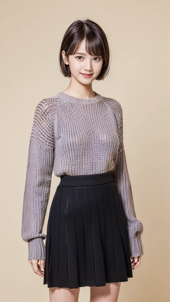 (Highest quality:1.5), (Real:1.4), (Ultra high definition:1.4), (No correction:1.4), (18 years old short Japanese girl with big breasts standing front plain background), (Short stature girl), (Asymmetrical bangs), (short hair), (Japanese school girl with long sleeve knit sweater and long skirt), (Long sleeve knitted sweater), (Long skirt), (Winter fashion coordination), (18 years old short girl with long sleeve knit sweater and long skirt is standing front plain background), (girl viewed from the front), (Plain background), (Cowboy Shot), (smile), (upright), (winter outfit), (Clothes with long lengths)