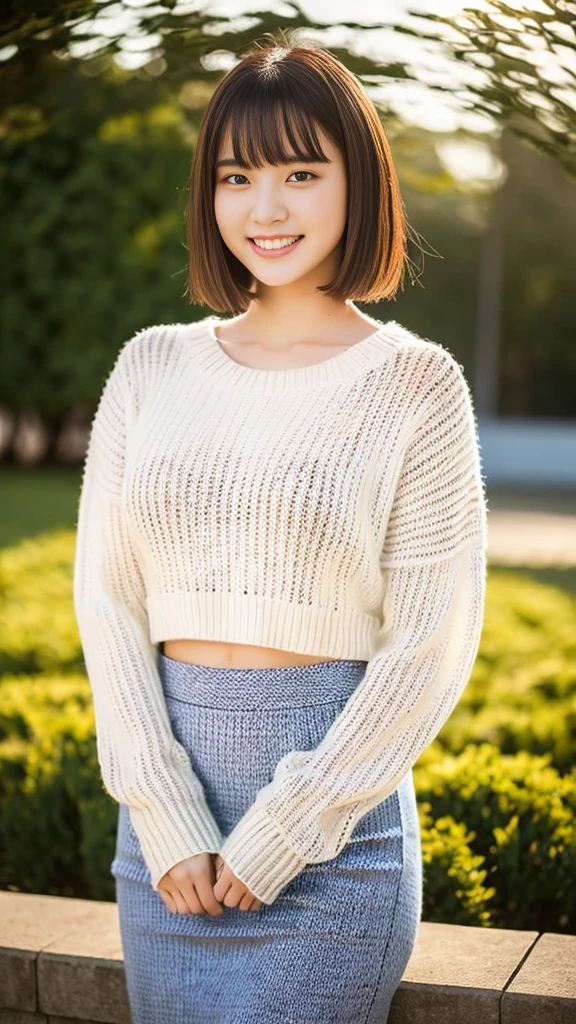 (Highest quality:1.5), (Real:1.4), (Ultra high definition:1.4), (No correction:1.4), (18 years old short Japanese girl with big breasts standing front plain background), (Short stature girl), (Asymmetrical bangs), (short hair), (Japanese school girl with long sleeve knit sweater and long skirt), (Long sleeve knitted sweater), (Long skirt), (Winter fashion coordination), (18 years old short girl with long sleeve knit sweater and long skirt is standing front plain background), (girl viewed from the front), (Plain background), (Cowboy Shot), (smile), (upright), (winter outfit), (Clothes with long lengths)