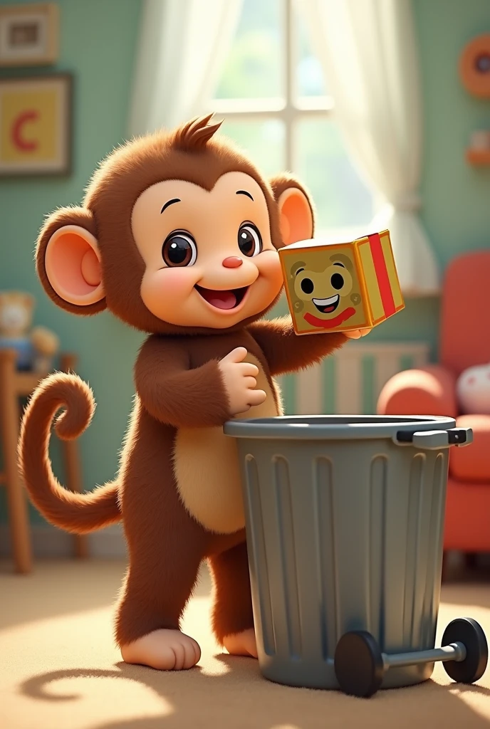 A stuffed monkey throwing a box into the trash can