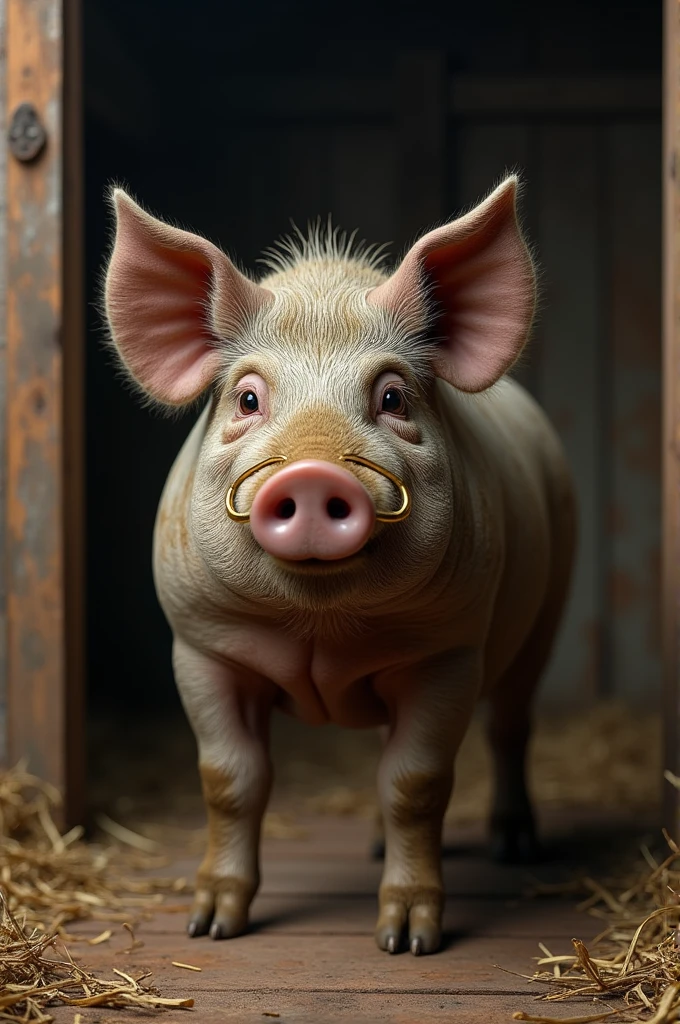 a dirty pig with a gold nose ring in a stable