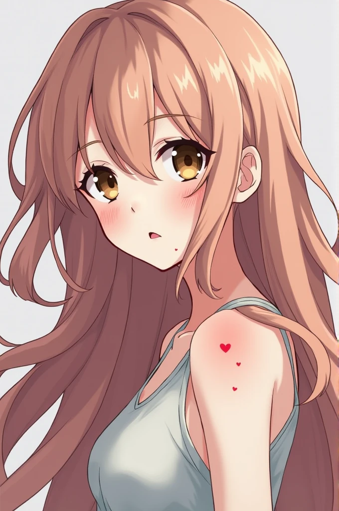 A Jujutsu Kaisen style girl with long, soft, wavy brown hair and brown eyes with heart-shaped pupils, while she has a mole below the right end of her soft pink lip and a mole on her shoulder while she has rosy cheeks and is white and has pastel pink hair styled like Jujutsu Kaisen.