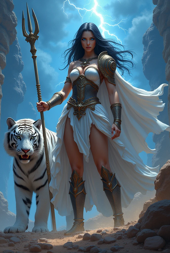 Goddess Athena with trident in hand, black hair, blue eyes, with lightning in the sky and giving off splendor, having a white tiger on her side and asking for strength, looking straight ahead with a penetrating gaze , with flying ashes being imposing ,