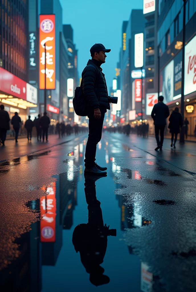 masterpiece,Highest quality,(Ultra-high definition CG Unity 8K wallpaper),(Highest quality),Physical Rendering,puddle,City view reflected on the water,Reflection of light,night,Busy Street,Passers-by々,Shibuya City,A man holding a camera.,