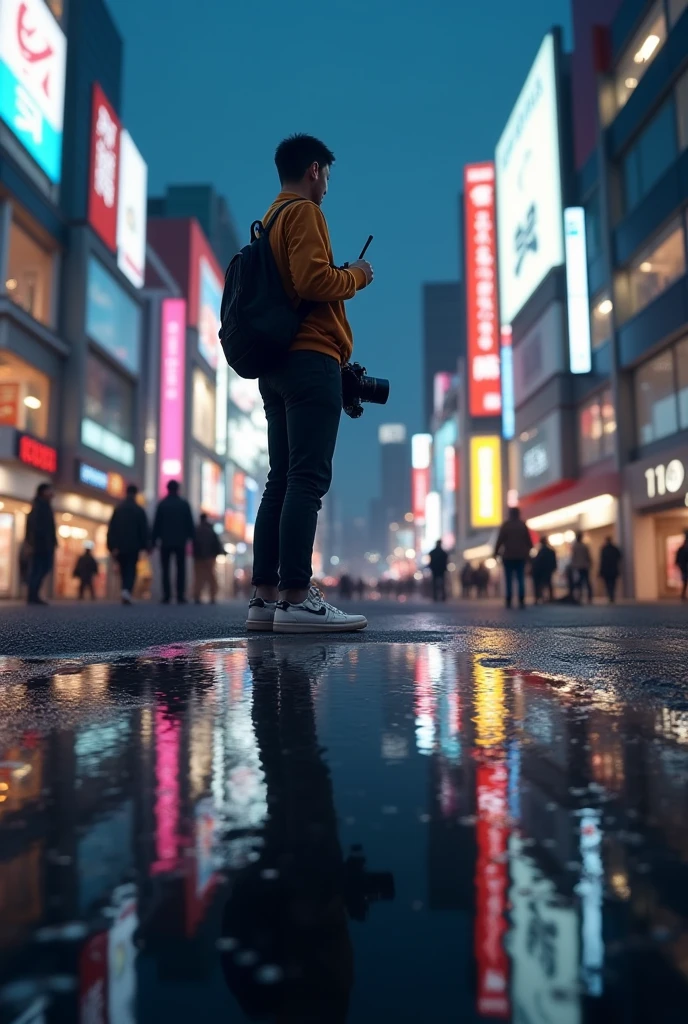 masterpiece,Highest quality,(Ultra-high definition CG Unity 8K wallpaper),(Highest quality),Physical Rendering,puddle,City view reflected on the water,Reflection of light,night,Busy Street,Passers-by々,Shibuya City,A man holding a camera.,