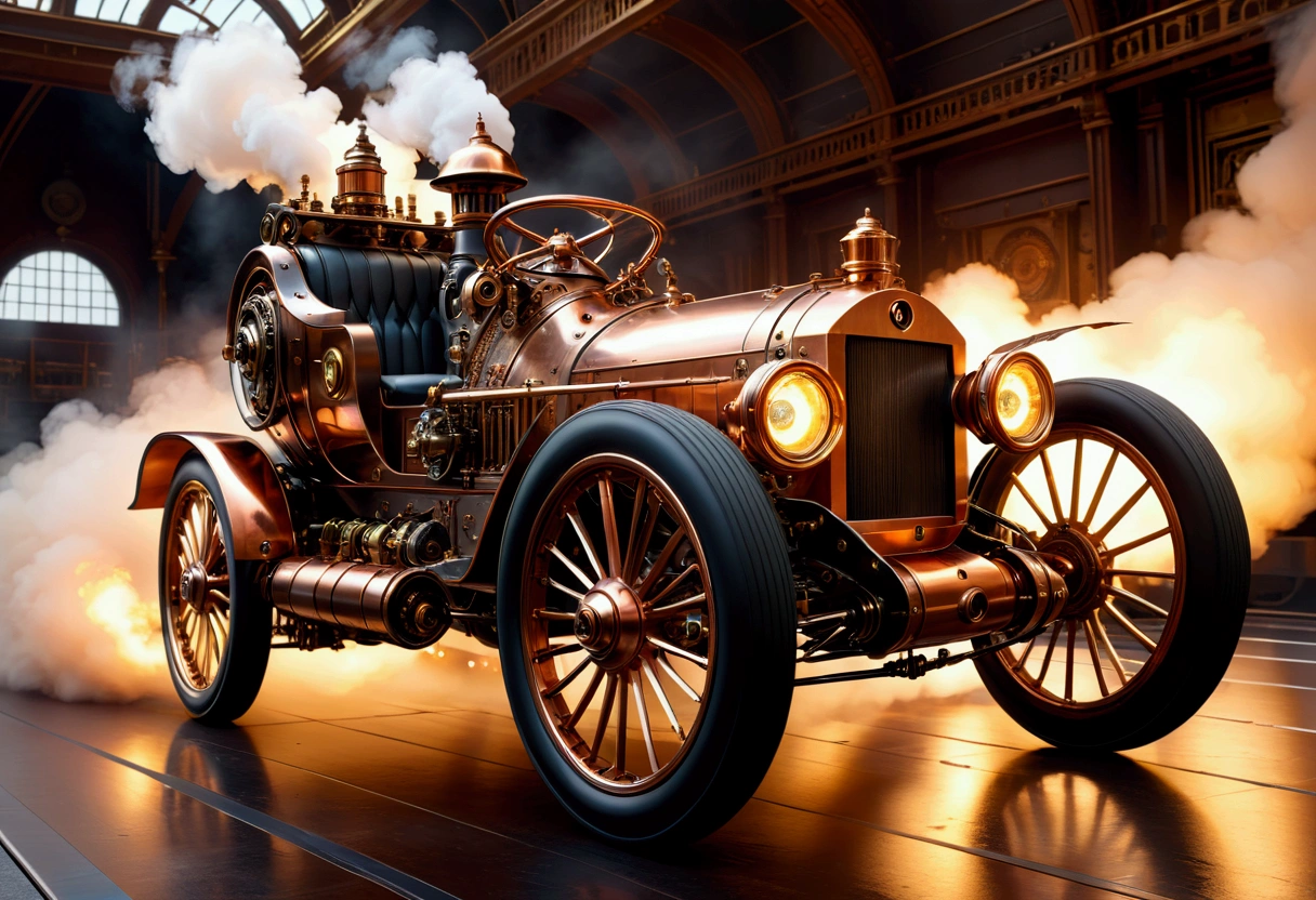 1 highly detailed steampunk formula car, Flying on the track, intricate gears and machinery, copper and brass accents, glowing steam vents, ornate chrome details,gleaming polished surfaces, dramatic lighting, cinematic camera angle, photorealistic, 8k, ultra-detailed, masterpiece