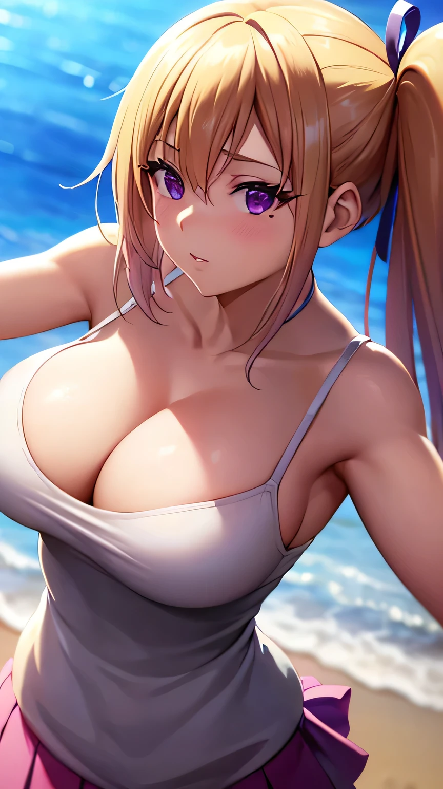Perfect composition,masterpiece, (Highest quality), Adult women, bionde, Hair length, Side Ponytail, Purple eyes,sweater, skirt,Huge Cleavage,Sexy woman, Embarrassing,blush, Bright colors,,Natural soft light,RTTX 10.0, (Detailed face:1.2), Showcase, (Perfect Eyes:1.1) ,(Photorealistic:1.1), 8k Ultra HD, Look at the viewers, Seaside, beach, Simple Background,(Cleavage:1.4),Tremendously large bust,Huge bust,(throw,Close-up shot:1.2),From the top of the head to the waist,