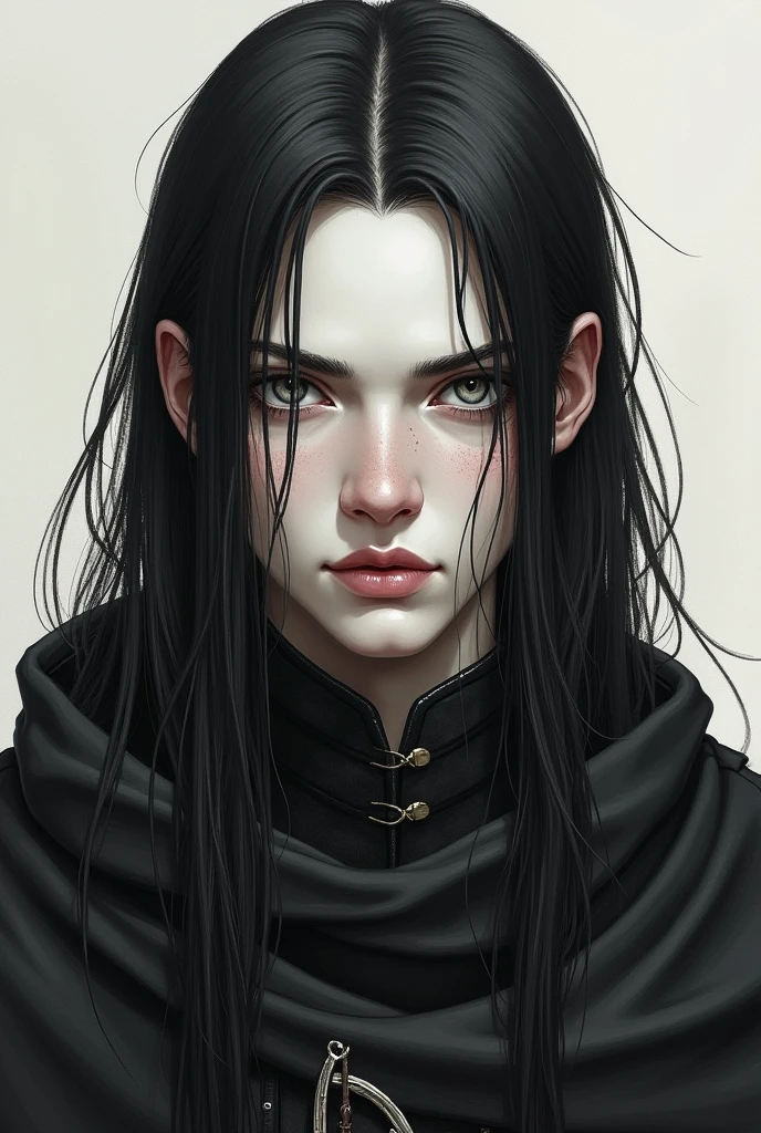 Draw a VERY REALISTIC fantasy style drawing of a 15-year-old man., pale white skin, long, straight, black hair, gray eyes with black war clothes and cloak 