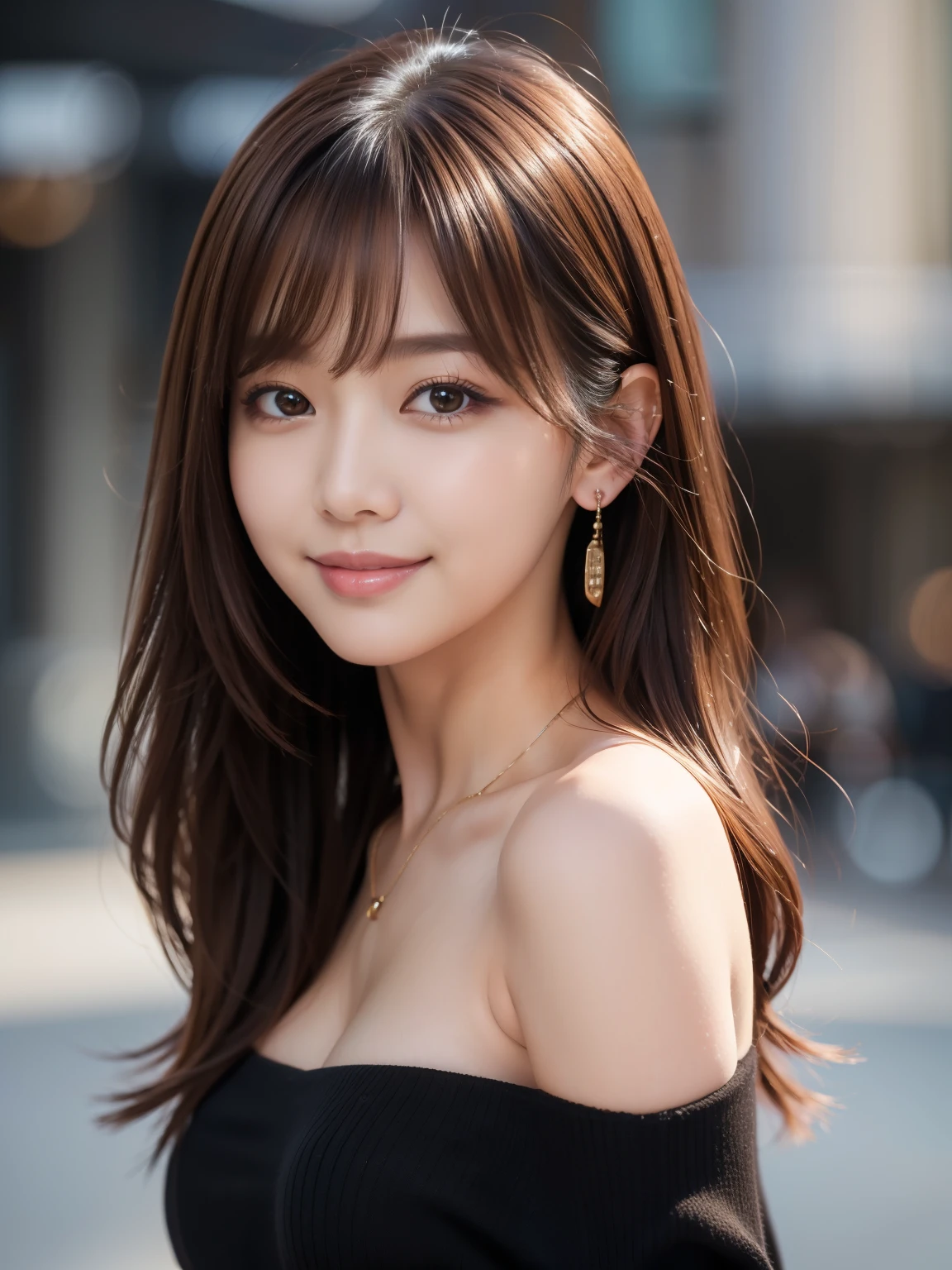 Ultra High Definition, Superior Quality, Premier Quality, ultra detailed, Photorealistic, 8k, RAW Photos, highest quality, masterpiece, Attractive girl, Stunning girl, Impish Smile, Brown Hair, Shoulder Length Layered, asymmetrical bangs, K-pop Idol, Sophisticated girl, Black knit, Shibuya,