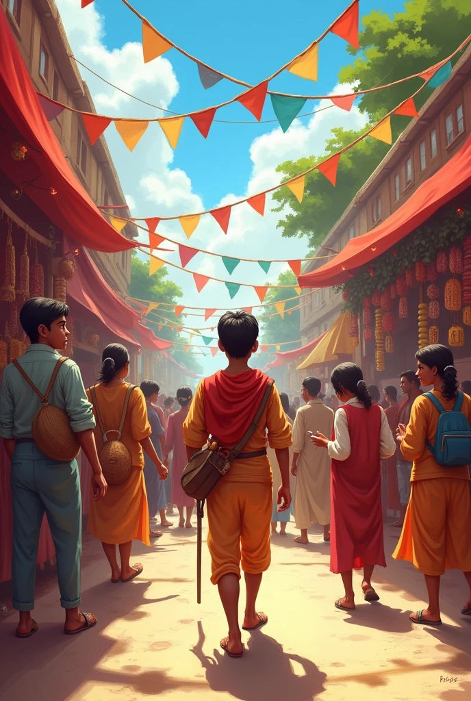 Create a lively scene of the village fair, filled with various stalls, colorful decorations, and the bustling crowd where Arjun sees an opportunity.