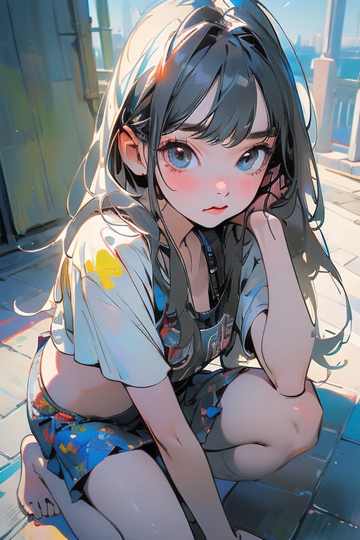 ((masterpiece)), ((Highest quality)), (Very detailed), (Kneel), One person, Long silver hair, blue eyes, Wearing a cute bikini, Tattered road, High resolution, Super sharp, ((Beautiful Eyes)),