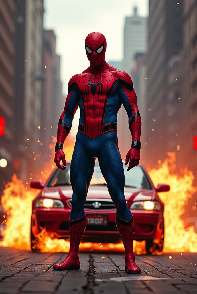 spiderman because his car is on fire