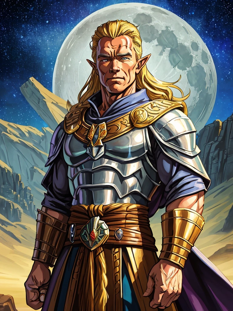 portrait of blonde arnold schwarzenegger as an dnd elf, long ears, medium-build, viking, fantasy dungeons-and-dragons, breastplate and eldritch alien-robes, calm happy wise superior good humor, super saiyan power (portrait of one person) ... background is desert canyon, moon and stars