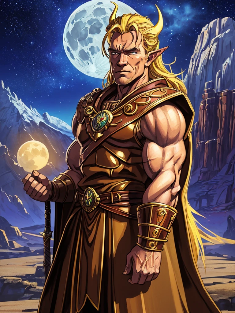 portrait of blonde arnold schwarzenegger as an dnd elf, long ears, medium-build, viking, fantasy dungeons-and-dragons, breastplate and eldritch alien-robes, calm happy wise superior good humor, super saiyan power (portrait of one person) ... background is desert canyon, moon and stars