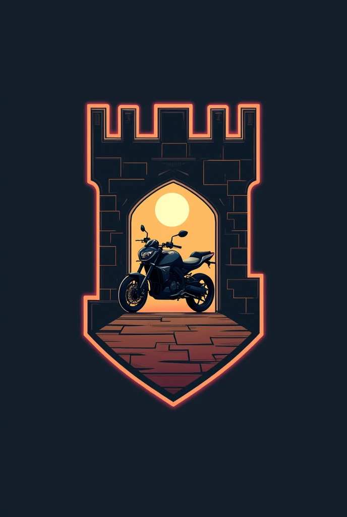 Geometric logo for a motorcycle repair shop, with a motorcycle coming out of the door of a castle. With the name "Taller Warrior"