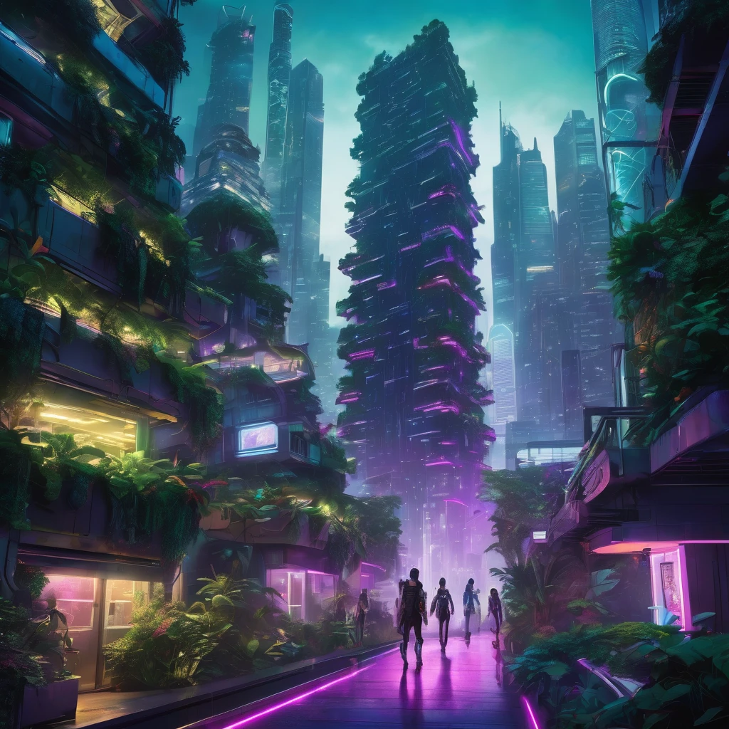 In a futuristic metropolis, a sleek, neon-lit skyscraper stands alongside a lush, vertical forest, where a pack of genetically engineered, cybernetic wolves roam free, their LED eyes glowing as they explore the urban jungle, coexisting with humans in a harmonious, high-tech ecosystem