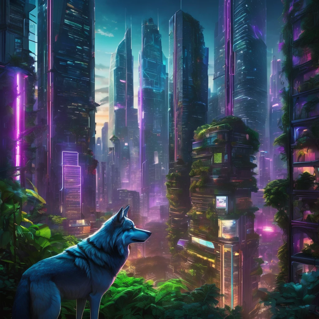 In a futuristic metropolis, a sleek, neon-lit skyscraper stands alongside a lush, vertical forest, where a pack of genetically engineered, cybernetic wolves roam free, their LED eyes glowing as they explore the urban jungle, coexisting with humans in a harmonious, high-tech ecosystem