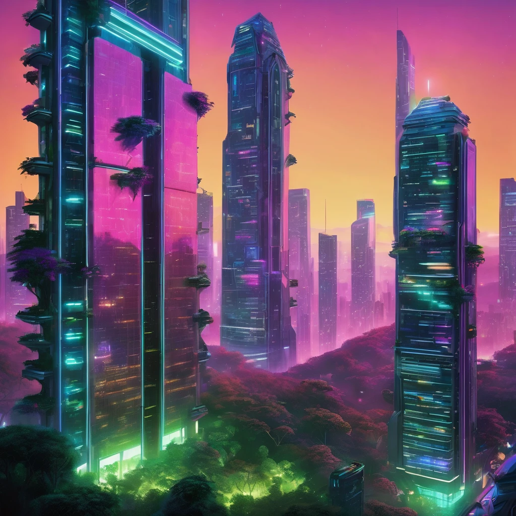 In a futuristic metropolis, a sleek, neon-lit skyscraper stands alongside a lush, vertical forest, where a pack of genetically engineered, cybernetic wolves roam free, their LED eyes glowing as they explore the urban jungle, coexisting with humans in a harmonious, high-tech ecosystem
