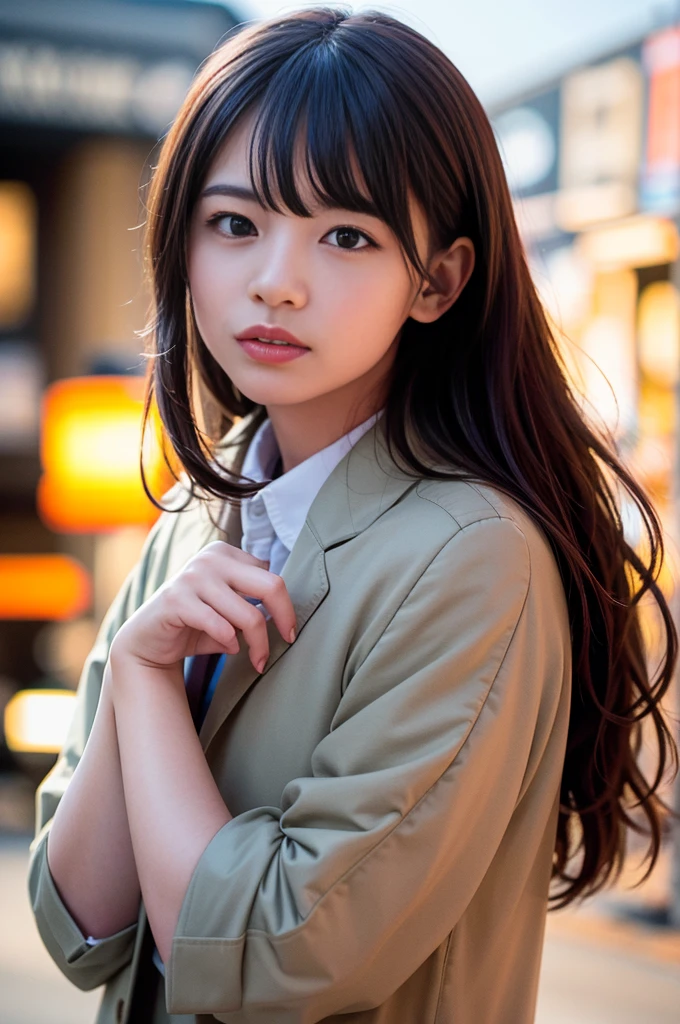  (8K, RAW photo, highest quality, masterpiece:1.3), (realistic, photo-realistic:1.4), (Highly detailed 8K wallpaper), sharp focus, Depth of written boundary,
 japanese idol,very cute, ,(coat:1.3),(long hair :1.3), Upper body, highly detailed face and eyes,((shiny skin:1.2)), cinematic lighting, soft light, blur background, (A city with historical landmarks, such as a castle or a cathedral)