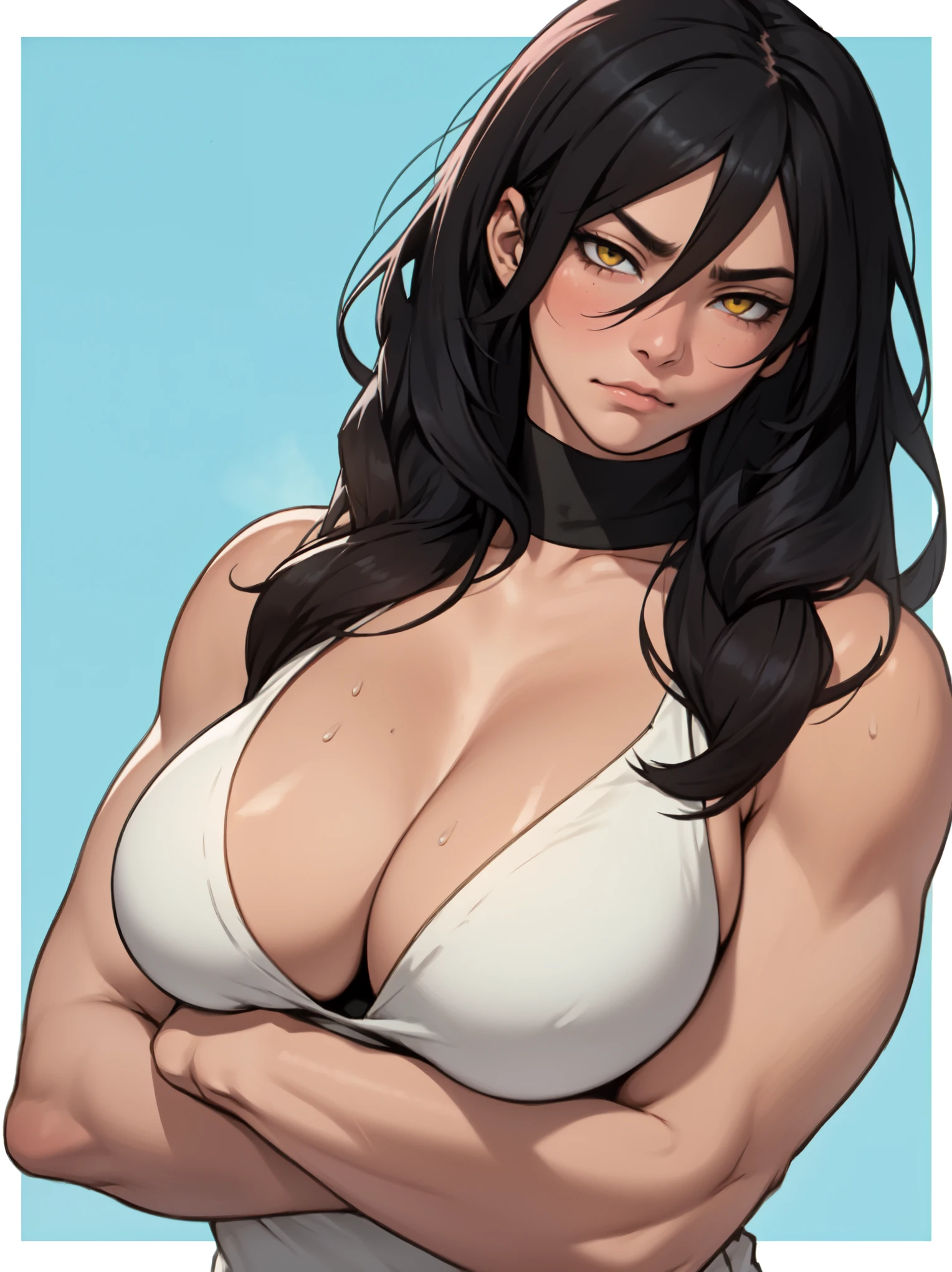 solo muscular girl muscular girl muscular girl thick thick thick breasts breasts breasts massive hair black hair yellow eyes pale skin embarrassed empty eyes sad