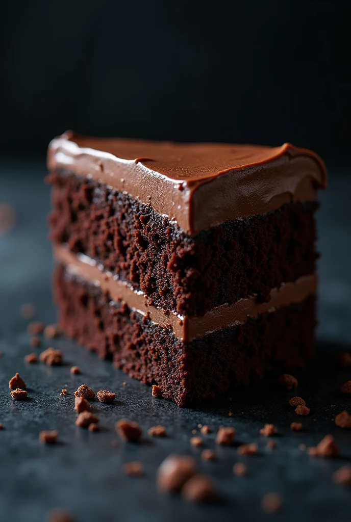 cinematic film still chocolate, chocolate cake, dark background, quality photo, moist texture, frosting, studio photo, slice . shallow depth of field, vignette, highly detailed, high budget, bokeh, cinemascope, moody, epic, gorgeous, film grain, grainy
