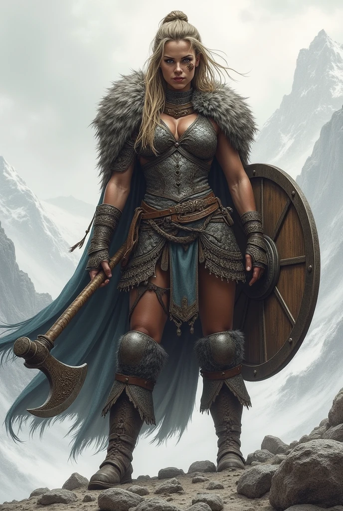 Drawing of a female viking warrior with strong body and scar on left eye, wearing lamellar armor and a fur cape over the shoulders, holding a round wooden shield and an axe