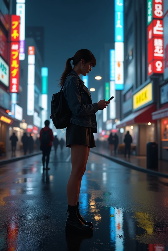 masterpiece,Highest quality,(Ultra-high definition CG Unity 8K wallpaper),(Highest quality),Physical Rendering,puddle,City view reflected on the water,Reflection of light,night,Busy Street,Passers-by々,Shibuya City,A prostitute stands alone, operating a smartphone.,mini skirt,