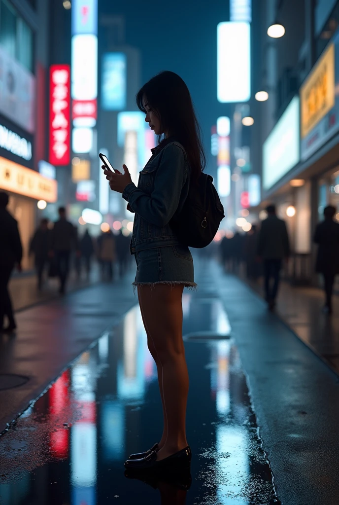 masterpiece,Highest quality,(Ultra-high definition CG Unity 8K wallpaper),(Highest quality),Physical Rendering,puddle,City view reflected on the water,Reflection of light,night,Busy Street,Passers-by々,Shibuya City,A prostitute stands alone, operating a smartphone.,mini skirt,