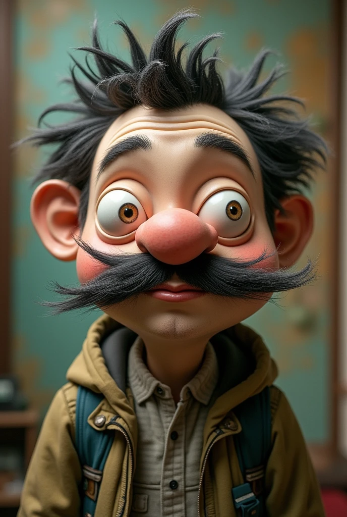 character short messy hair,fat nose, round eye, apparatus and poorly made mustache 