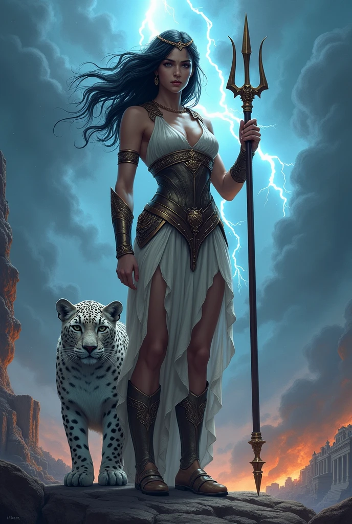 Goddess Athena with a trident in hand, black hair, blue eyes, with lightning in the sky and radiating a splendor, having a white leopard by her side and asking for strength, looking straight ahead with a piercing gaze. ,   with flying ashes being imposing , 