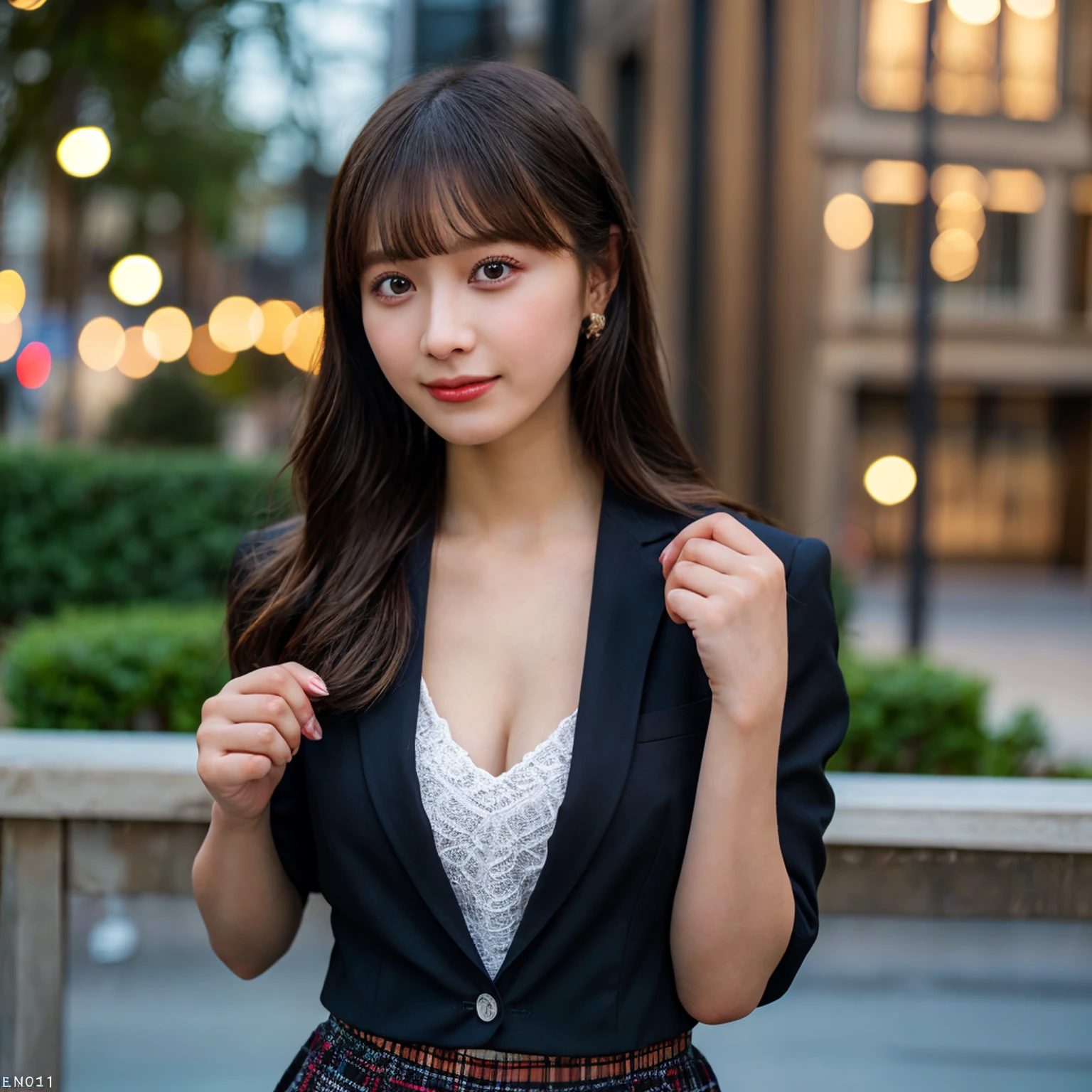 best quality, masterpiece, 1girl, Beautiful face, (photo realistic:1.3), rim lighting, (high detailed skin:1.2), 8k uhd, dslr, high quality, high resolution, 4k, 8k, Bokeh, absurdres, best ratio four finger and one thumb, (realistic:1.3), cute 1girl, wearing black formal blazer, medium breasts, short skirt,