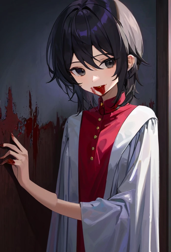 1 chico, black hair, black eyes,, dark room, blood around, scary costume, wicked