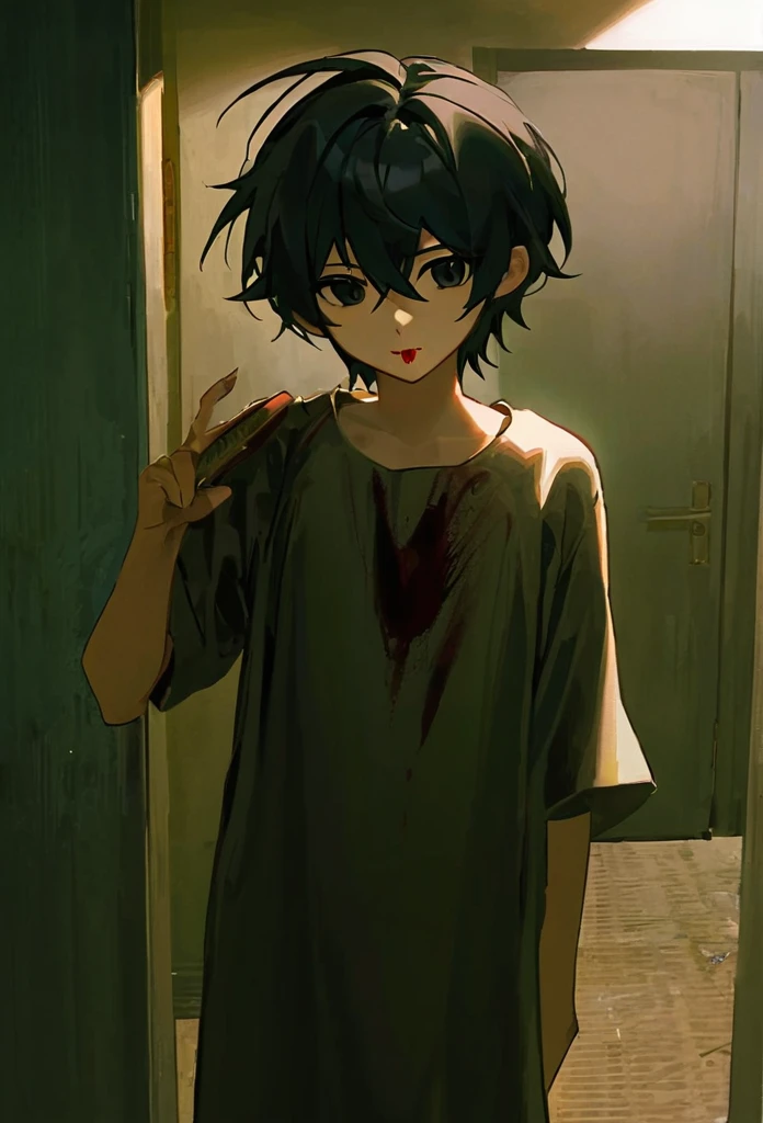1 chico, black hair, black eyes,, dark room, blood around, scary costume, wicked
