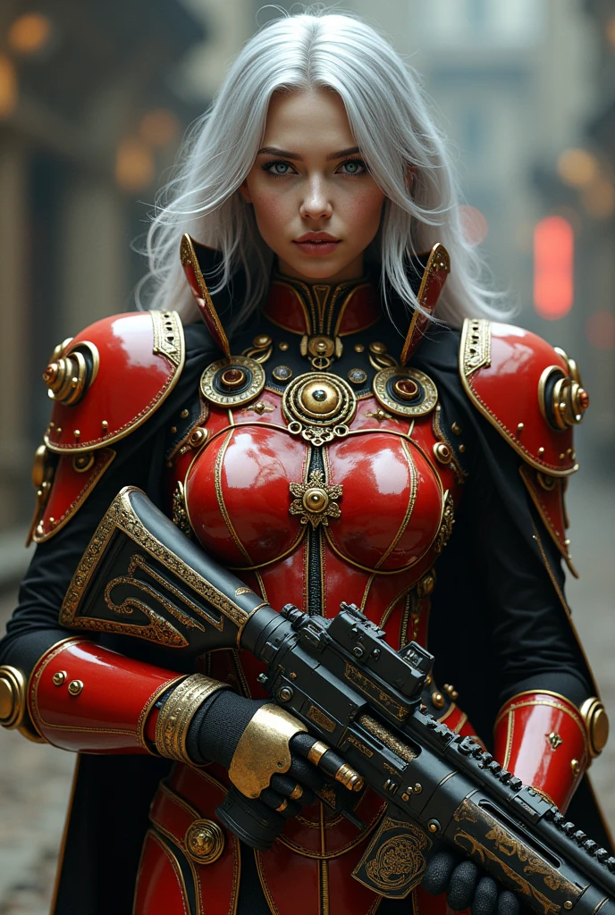 Surreal Ultra-fantastical Super detailed Gatling Gun Soldier Mechanic Art steampunk Glossy red, black and gold Intricately designed armor 8k 3D Cinema Lighting Silver Hair Clear Eyes Cool accessories Full body pose Dynamic pose Metallic Color Cinema Lighting Amulet Gorgeous gloves