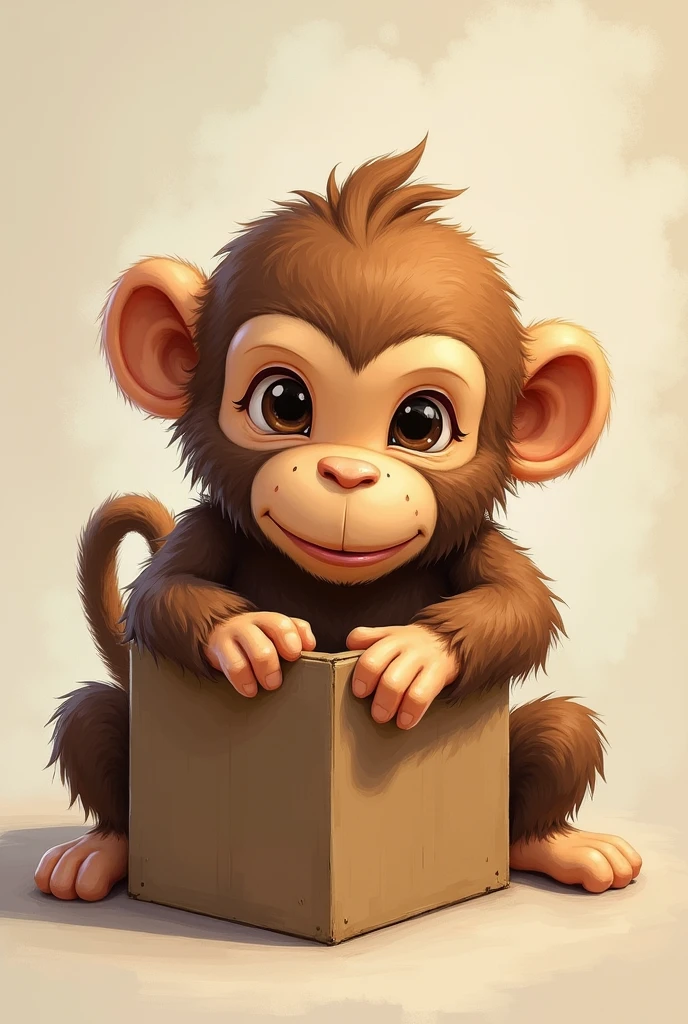 A stuffed monkey with its right hand inside a box.