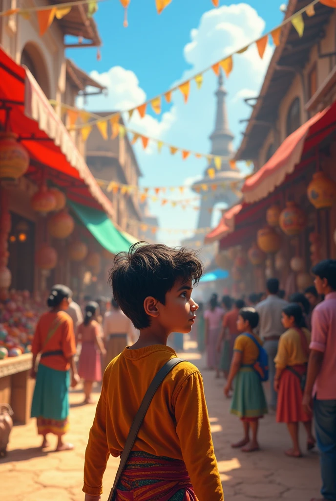 Create a lively scene of the village fair, filled with various stalls, colorful decorations, and the bustling crowd where the boy Arjun sees an opportunity.