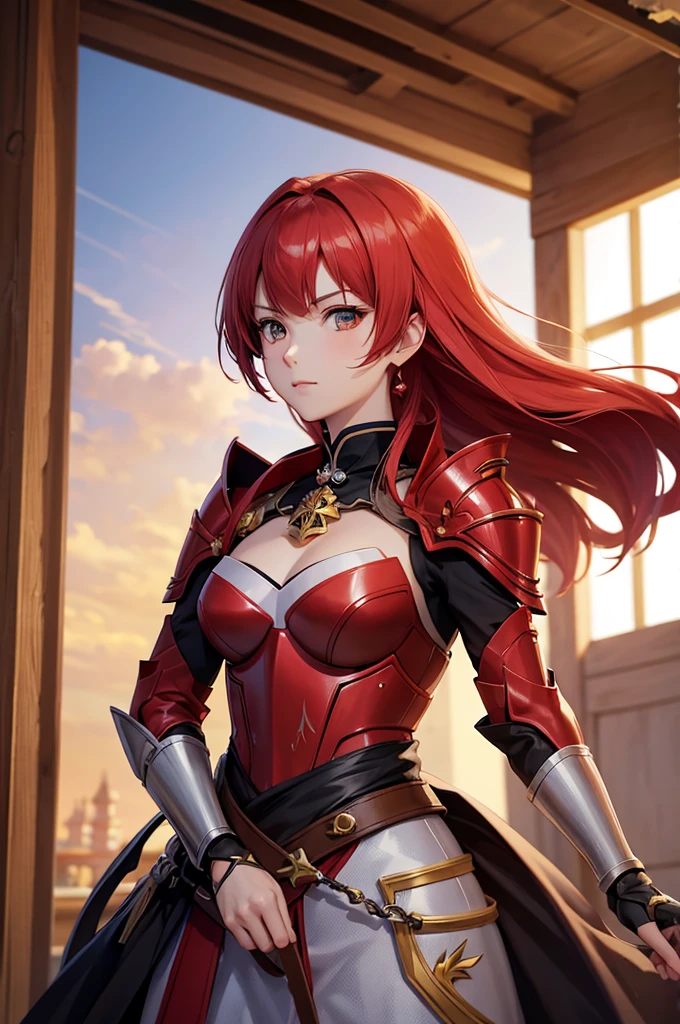 woman with red hair and armor, ayaka genshin impact, ayaka game genshin impact, portrait knights of zodiac girl, female protagonist, cushart krenz key art feminine, valentina remenar, genshin impact character, genshin, cyarine, artgerm and atey ghailan, portrait knight female,(harf body, only one person),face forward