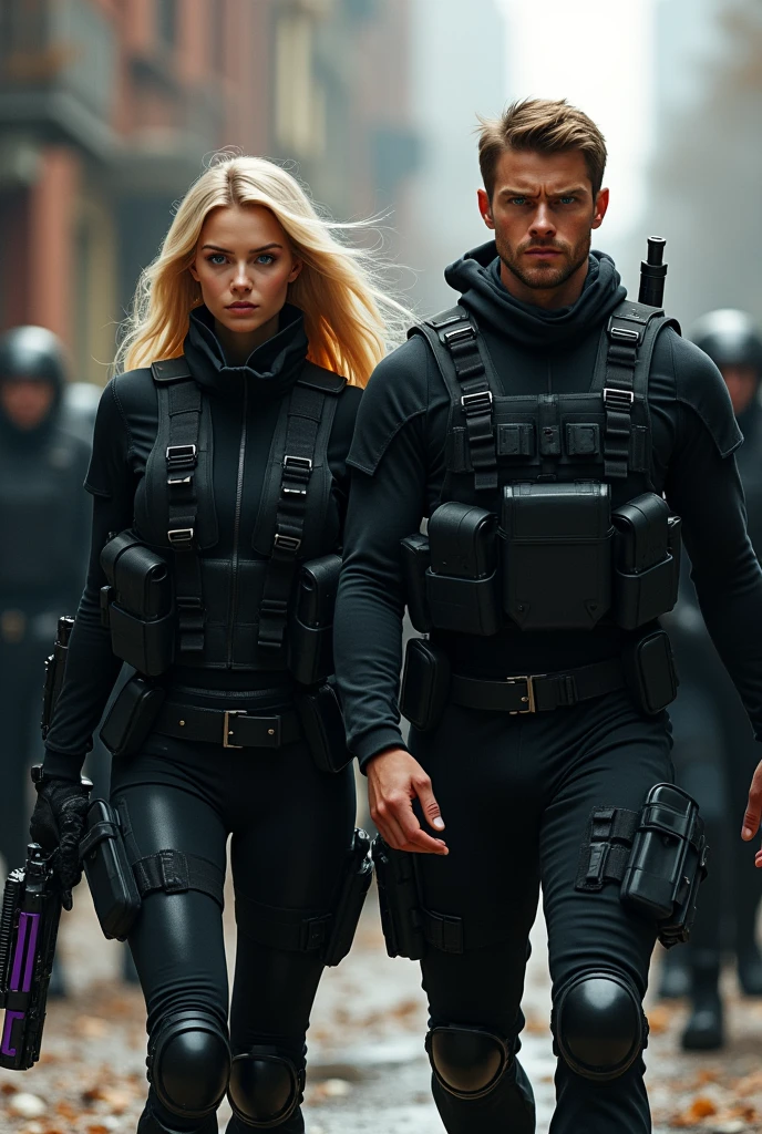 Create the image of a 20-year-old blonde girl, blue eyes, clear skin, thick lips, slim, with an angel face, She is dressed in a well-equipped black combat suit and a black and purple weapon in her hand., Alongside her, create a 29-year-old boy, clear skin, eyes the color of honey, Brown hair, muscular, dressed in a well-equipped black combat suit and a weapon
Create them making a spectacular entrance to an important place where a mafia army supports them from behind
