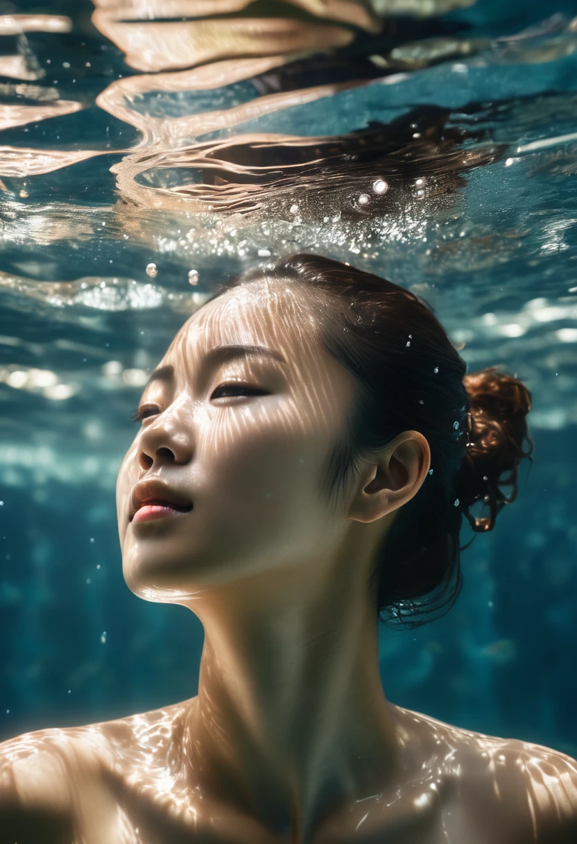 A captivating underwater photograph of a korea woman swimming gracefully, ultra detailed, surrounded by delicate water bubbles reflecting the sunlight , realistic shadows, symmetrical face, relaxed expression, The water is clear, slight murkiness, and the play of light creates a mystical atmosphere. DSLR, 35mm f/2. 8 lens, off centre, charming and memorable, cinematic, hyper realistic, 8k
