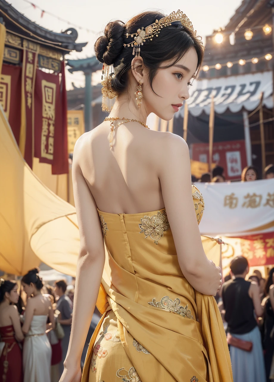 (((best quality))),(((ultra detailed))),(((masterpiece))),illustration,
((1 beautiful young girl,solo)),(bun hair:1.2)((slim,thin)),((small breasts,flat chest)),attractive, traditional Chinese attire,(Gorgeous and intricate headdress:1.3),((earrings,intricate necklace)),(strapless Exquisite embroidered maxi sleeveless sparkled dress:1.3),(standing:1.3),vibrant patterns, radiant complexion, joyful expression,(temple fair:1.3), bustling atmosphere, summer afternoon, sunny weather, cultural festival, street food, roasted skewers, steaming dumplings, sweet cotton candy, stalls, crafts, clothing, appreciative onlookers, sunset, ancient tradition, modern beauty, captivating scene, enchanting,(day scene:1.2),(surrounded by crowded crowds:1.3),((from back,upper body))