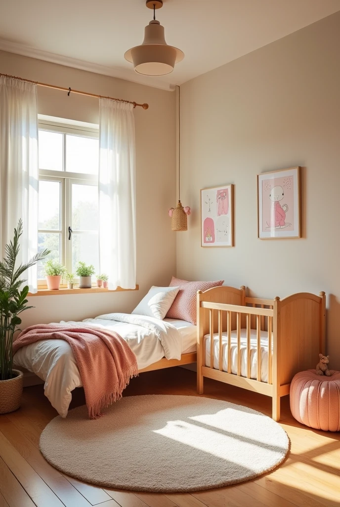a mixed room for a 6 year old baby with a bed and crib in neutral colors