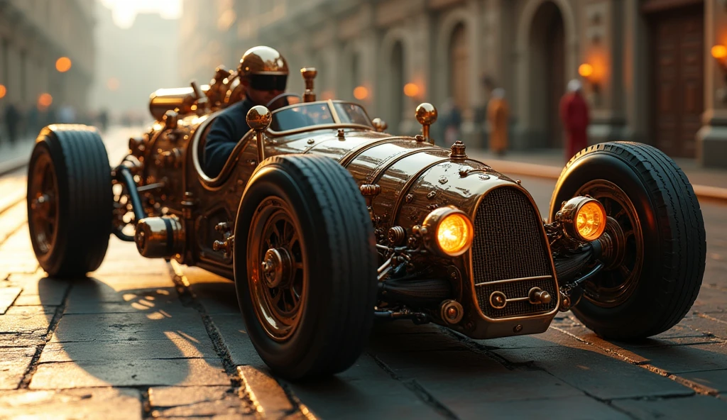 1 highly detailed steampunk formula car, Exercise on medieval racetracks, intricate gears and machinery, copper and brass accents, glowing steam vents, ornate chrome details,gleaming polished surfaces, dramatic lighting, cinematic camera angle, photorealistic, 8k, ultra-detailed, masterpiece