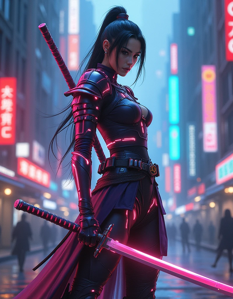A beautiful modern-day female samurai in a cyberpunk city, holding a (((neon-lit katana sword:2))),and wearing(((armor that glows with electric energy:2))),(((cybernetic enhancements:1.6))),(ethereal fantasy concept art) . painterly, epic, majestic, cover art, best quality, realistic render, unreal engine, lifelike, hyperrealistic, highly detailed, 8 K, hyper detailed, insane details,