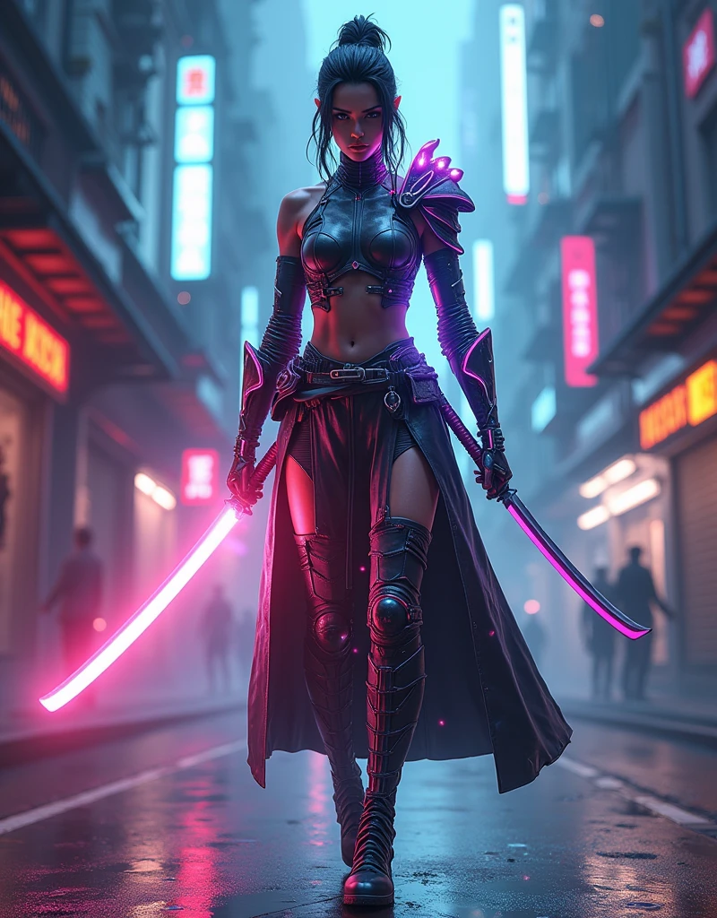 A beautiful modern-day female samurai in a cyberpunk city, holding a (((neon-lit katana sword:2))),and wearing(((armor that glows with electric energy:2))),(((cybernetic enhancements:1.6))),(ethereal fantasy concept art) . painterly, epic, majestic, cover art, best quality, realistic render, unreal engine, lifelike, hyperrealistic, highly detailed, 8 K, hyper detailed, insane details,