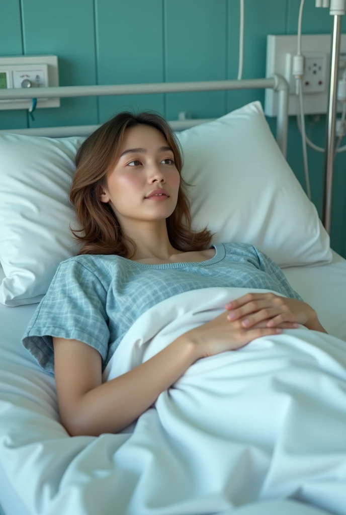 (photorealism:16:9), a young american woman in a hospital bed