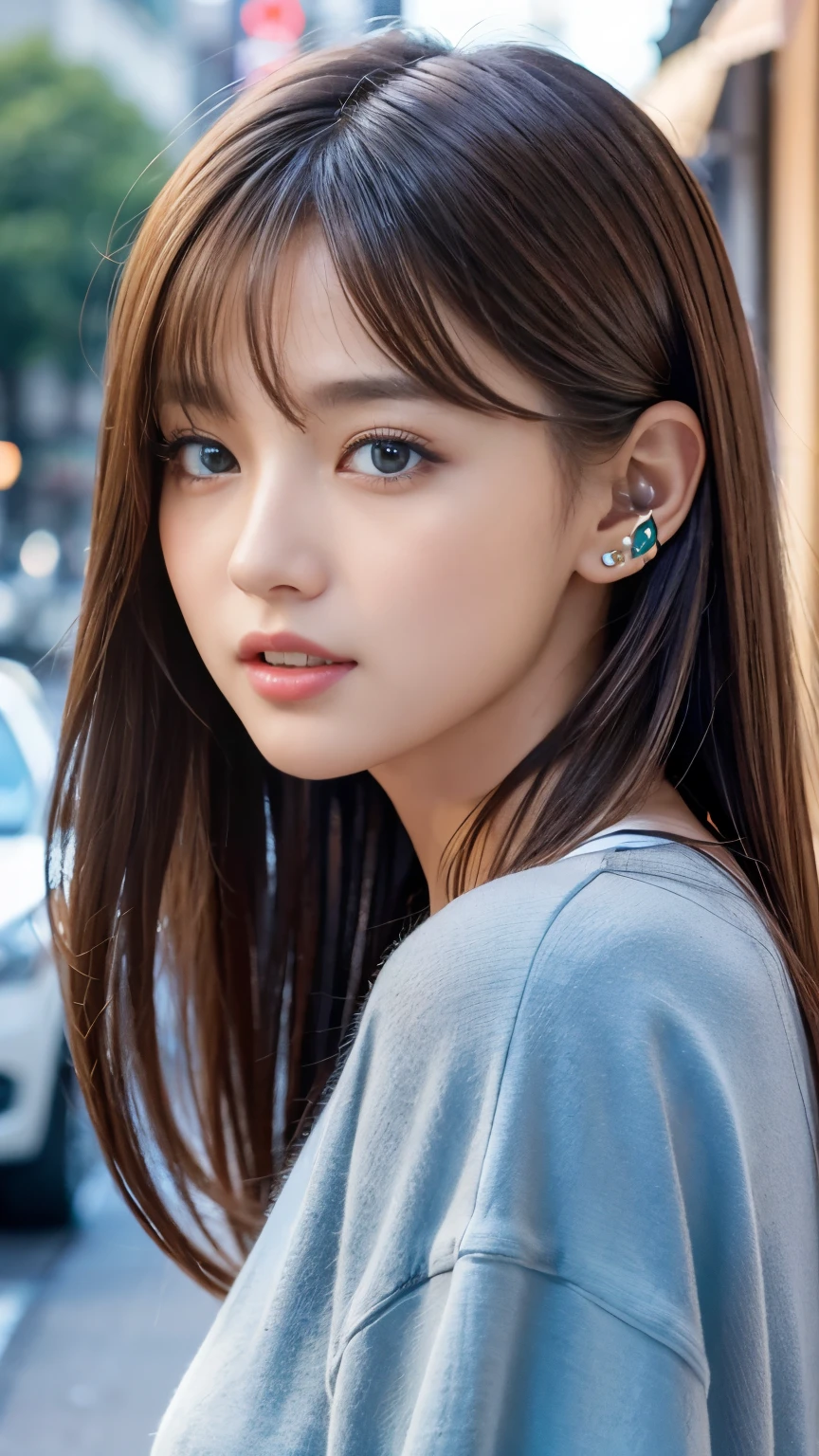 8k、highest quality、Like a real photo、masterpiece、Product quality, One Girl,, Young and beautiful woman in Japan, Long Bob Hair, attractive appearance,, High resolution, High detail, Detailed hairstyle, Detailed face, Great cinema lighting, Octane Rendering, Vibrant, Ultra-realistic, Perfect limbs, Perfect Anatomy、、her hair is light brown.、Cool clothes、In the background is a cafe terrace、Natural color lip、Attractive eyes、Eye color is blue、the ears are hidden by the hair、Double teeth、Yawn