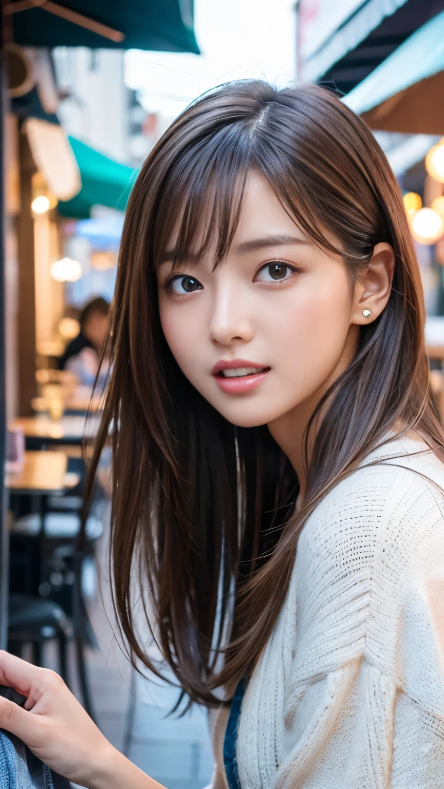 8k、highest quality、Like a real photo、masterpiece、Product quality, One Girl,, Young and beautiful woman in Japan, Long Bob Hair, attractive appearance,, High resolution, High detail, Detailed hairstyle, Detailed face, Great cinema lighting, Octane Rendering, Vibrant, Ultra-realistic, Perfect limbs, Perfect Anatomy、、her hair is light brown.、Cool clothes、In the background is a cafe terrace、Natural color lip、Attractive eyes、Eye color is blue、the ears are hidden by the hair、Double teeth、Yawn
