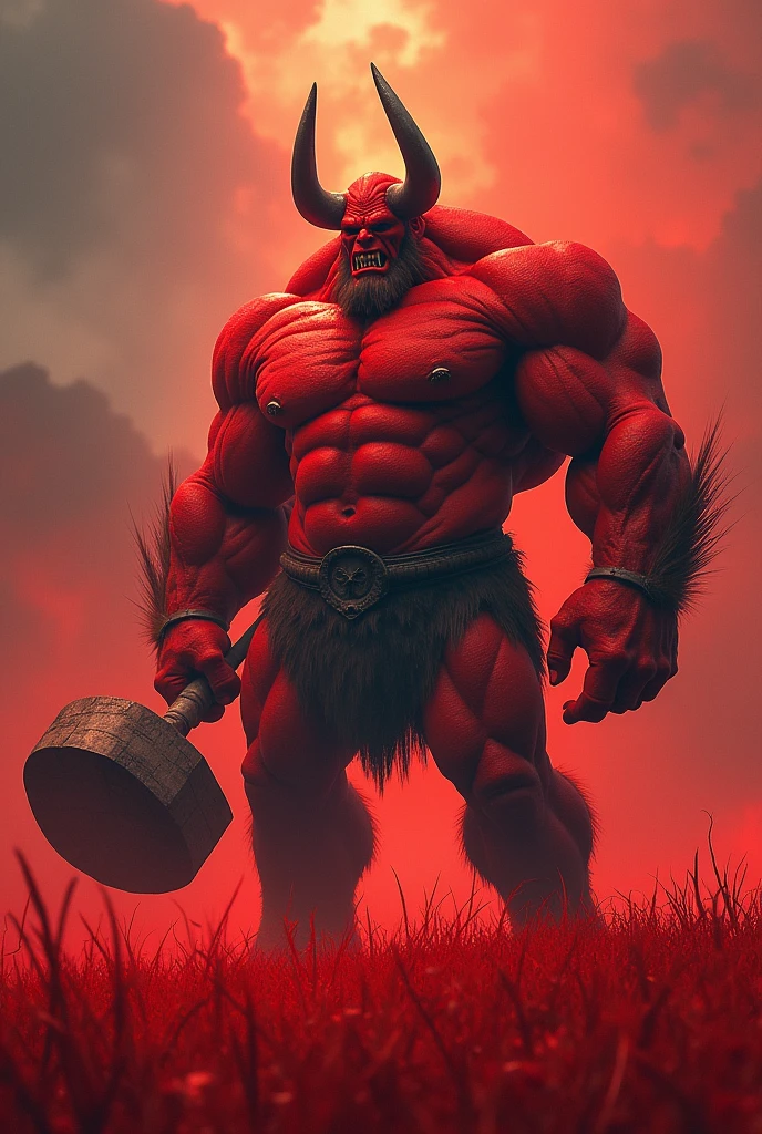 Create an image of an ogre standing approximately three meters tall in a vivid red grassy field. The ogre has a physique resembling a heavily trained bodybuilder, with prominent, well-defined muscles that flex and move with every motion. Its skin is a bright, blood-red color, reflecting intense violence and brutality embedded in its very cells.
The ogre’s face is sharp and menacing, with small, fierce eyes that convey aggression and rage. It has four sharp tusks protruding from its lower jaw, two on the left and two on the right, extending outward and sharply upward. These tusks are long, pointed, and curve upward, adding to its fearsome and dangerous appearance.
The most striking feature is the pair of large, curved horns protruding from the sides of its forehead. These horns extend backward from the forehead, curving smoothly and sharply over the head, ending well past the crown in a graceful yet menacing arc. The horns appear to be forged from steel, with a robust and slightly curved shape, enhancing the ogre's imposing and formidable presence.
The ogre is holding a massive wooden hammer in its right hand. The hammer is nearly as large as the ogre's upper torso, appearing capable of crushing anything in its path. Despite its enormous size and heavy appearance, the ogre wields it with ease. The hammer shows signs of extensive use, with cracks and wear on its head, adding to its menacing aura. The ogre is not wearing any armor, which emphasizes its raw and unprotected form. The field of grass around the ogre is a striking red, providing a dramatic backdrop that contrasts with the ogre’s bright red skin, emphasizing its intimidating presence in this surreal environment.