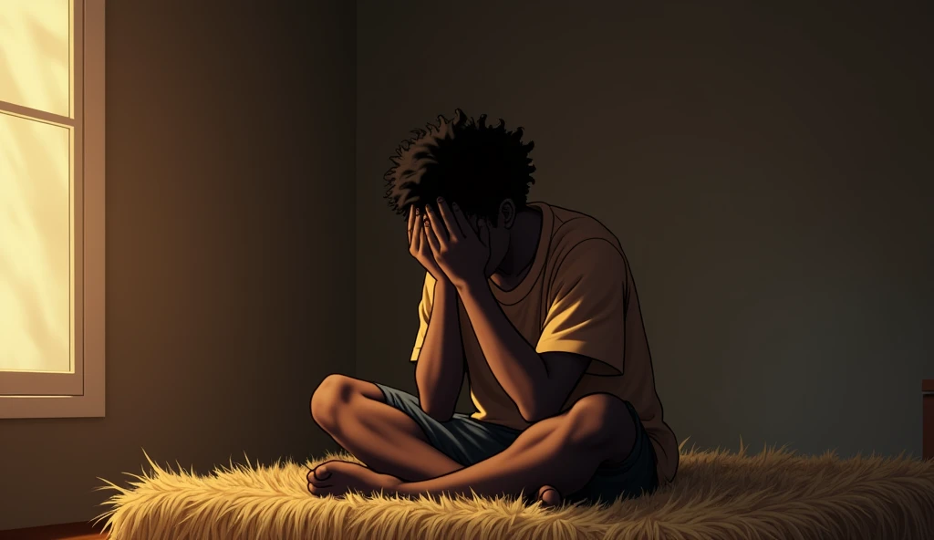 Scene Context : Assane returns home, sitting on his bed thinking deeply about Matoko's proposal.
Image Prompt : A young black man sitting on a straw bed in a room, his head in his hands, lost in troubled thoughts.